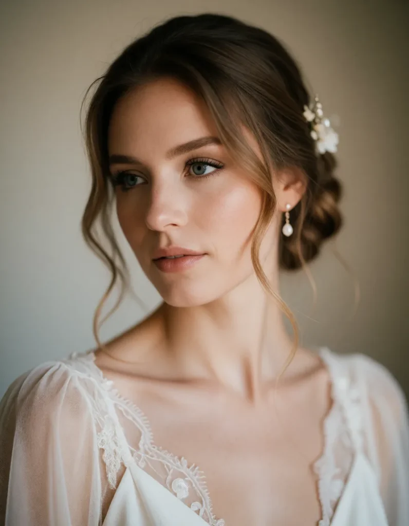 Portrait en noir et blanc d'une jeune femme aux cheveux longs et bouclés, vêtue d'une robe blanche à motifs floraux, avec