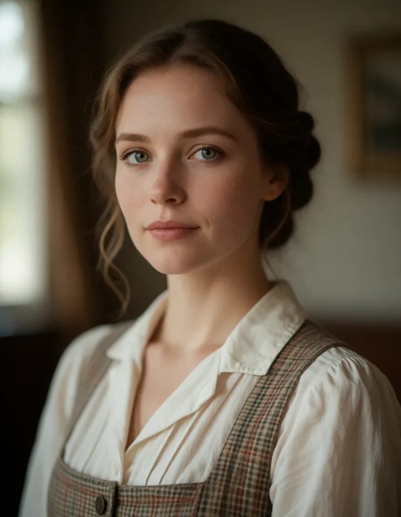 Portrait en noir et blanc d'un visage féminin aux traits fins, cheveux courts et lissés, lumière douce sur la peau et le col