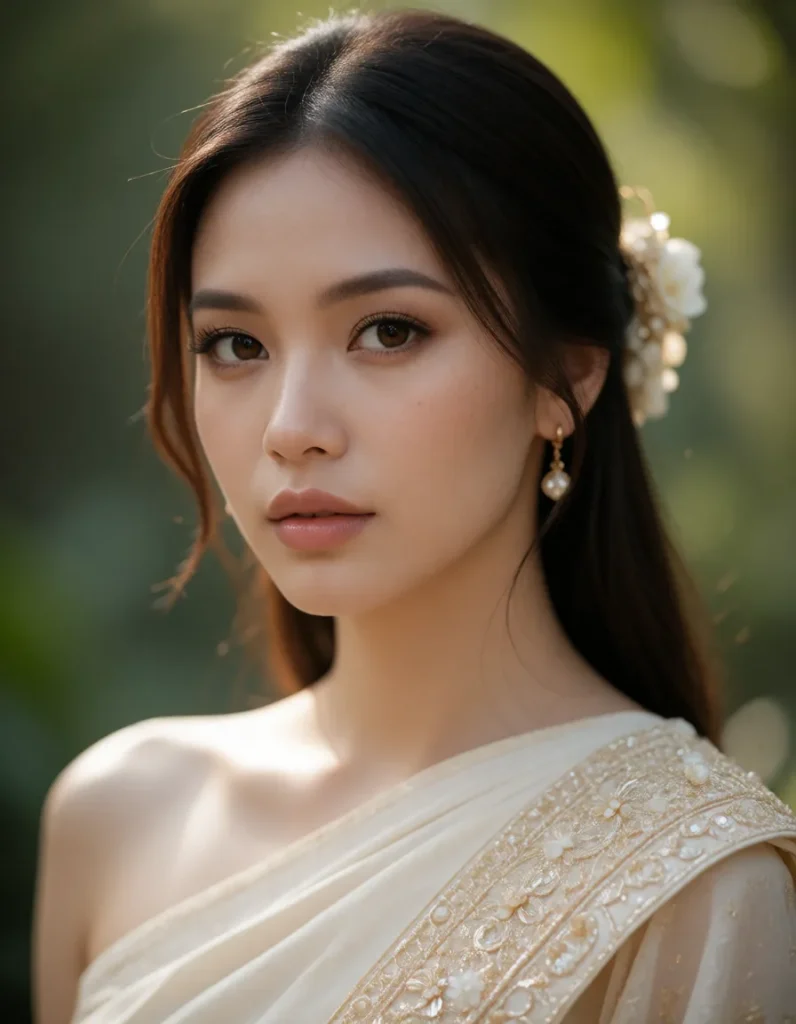 Portrait d'une femme aux cheveux bruns lissés, vêtue d'une robe blanche à motifs brodés, dans un jardin verdoyant baigné
