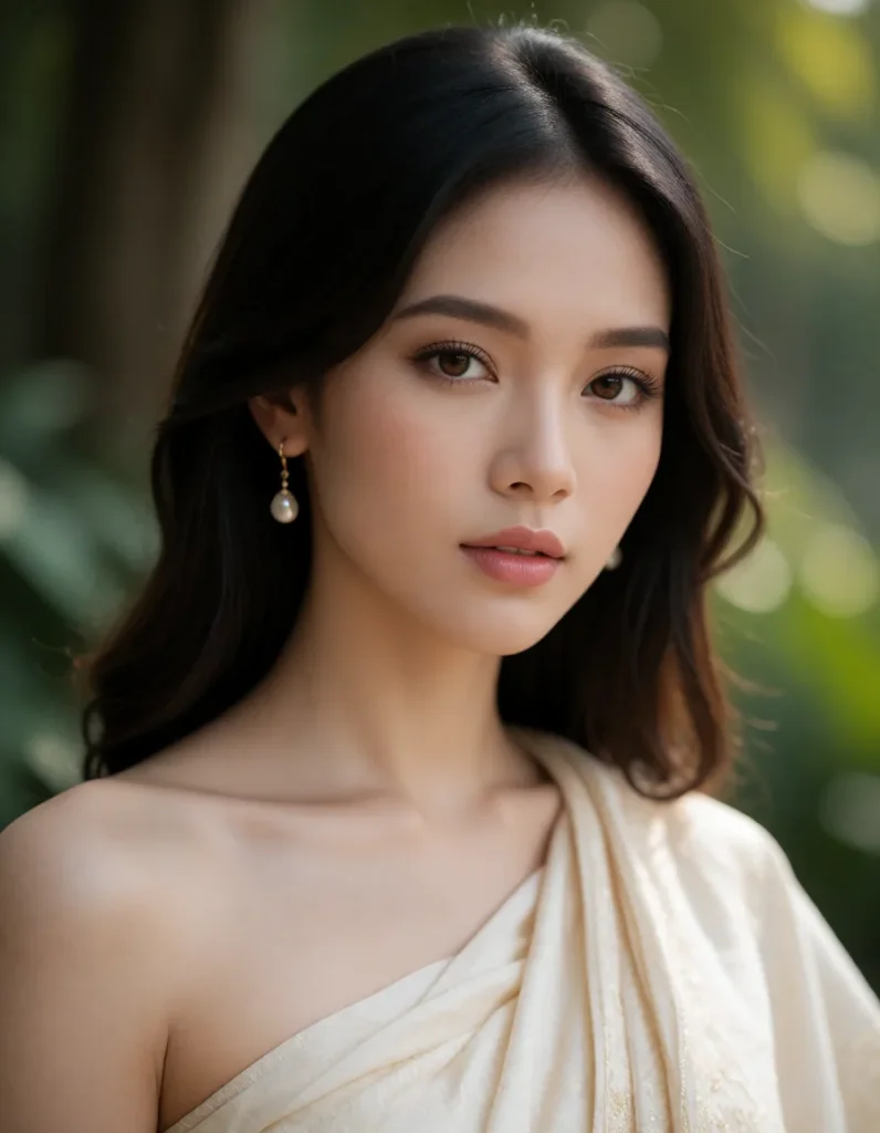 Portrait en gros plan d'une personne aux cheveux noirs lissés, portant une robe blanche fluide, dans un jardin ombragé par