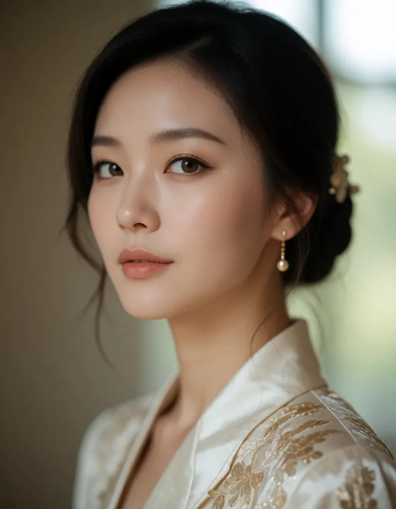 Portrait en gros plan d'une personne aux traits asiatiques, vêtue d'une robe blanche à motifs dorés, cheveux noirs lissés