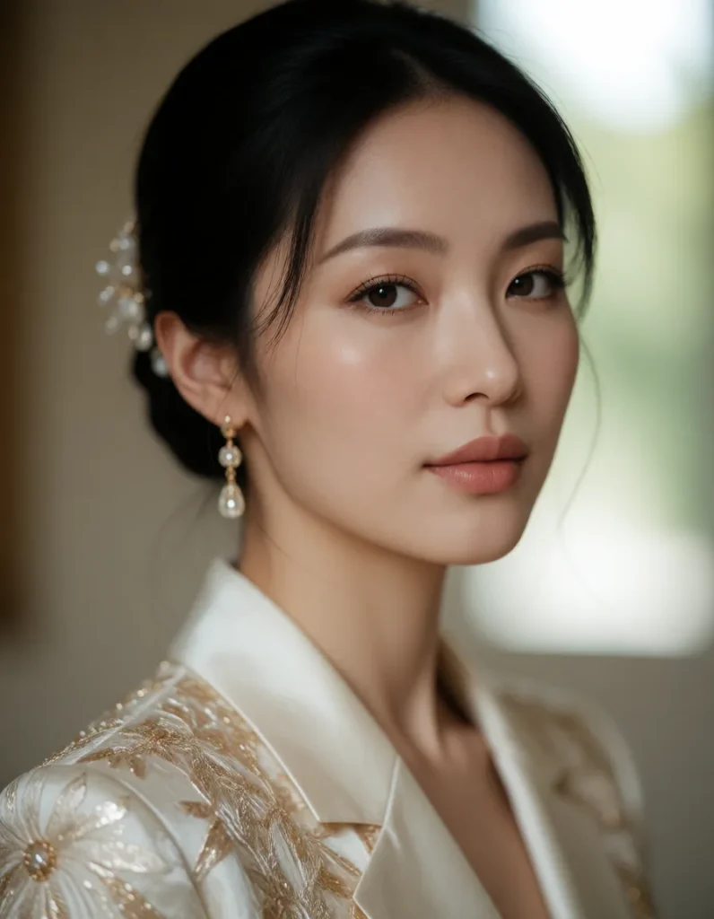 Portrait en gros plan d'une personne aux traits asiatiques, cheveux noirs lissés, portant une robe blanche à motifs dorés et