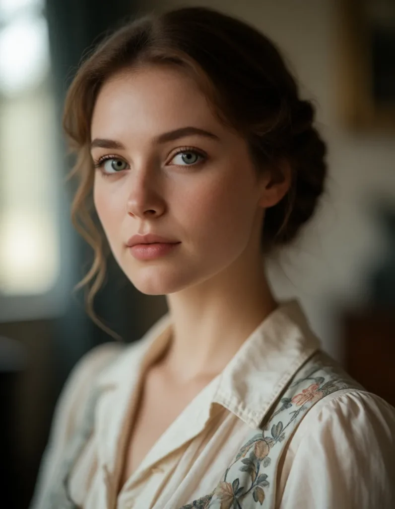 Portrait en gros plan d'une personne aux cheveux blonds, vêtue d'une robe blanche à motifs floraux, dans un intérieur aux