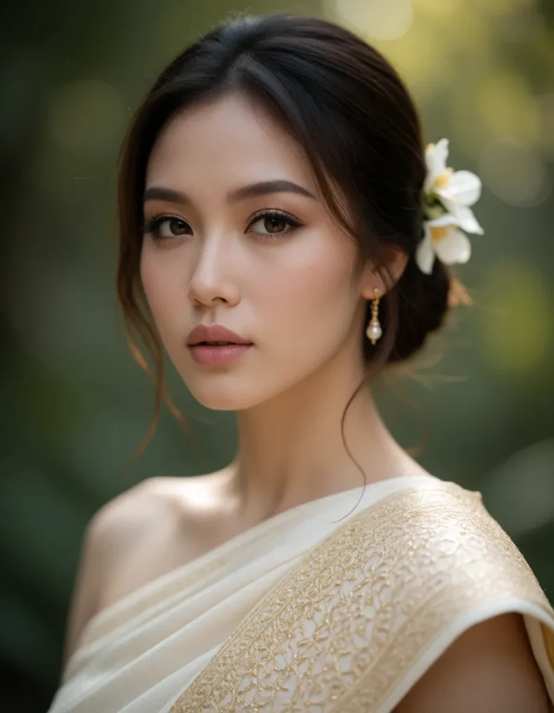 Portrait d'une personne aux cheveux noirs lissés, vêtue d'une robe blanche à motifs dorés, dans un jardin aux feuilles