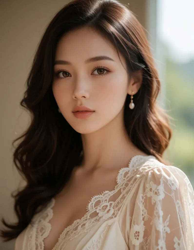 Portrait en gros plan d'une personne aux cheveux noirs lissés, vêtue d'une robe en dentelle beige à motifs floraux, lumière