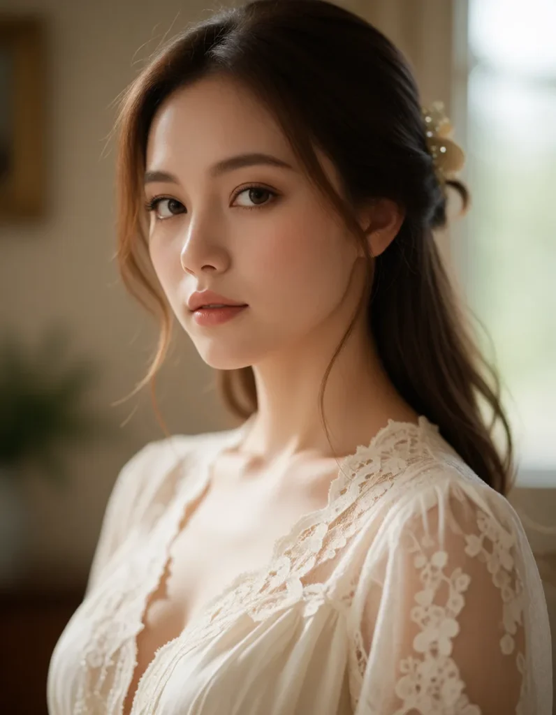 Portrait en gros plan d'une personne aux cheveux longs et bouclés, vêtue d'une robe en dentelle blanche et crème, lumière
