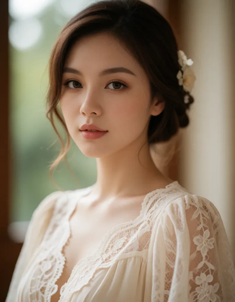 Portrait en gros plan d'un visage féminin aux traits doux, cheveux noirs lissés, portant une robe en dentelle blanche et