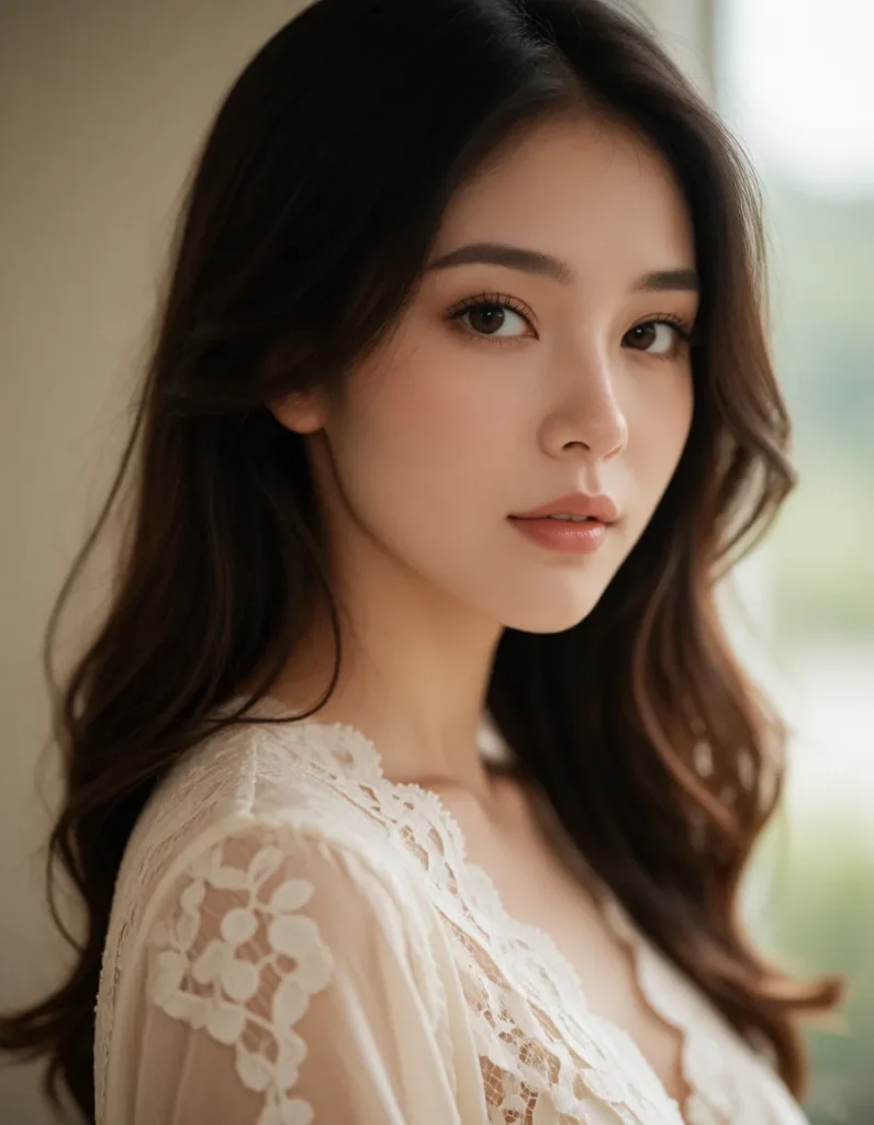 Portrait en gros plan d'une personne aux cheveux bruns lissés, vêtue d'une robe en dentelle blanche à motifs floraux, fond