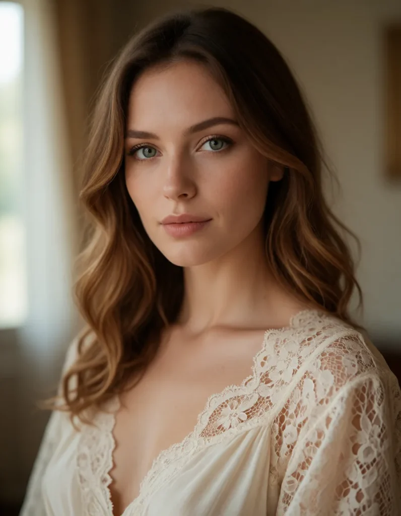 Portrait d'une femme aux cheveux blonds bouclés portant une robe en dentelle ivoire à motifs floraux, dans une lumière douce
