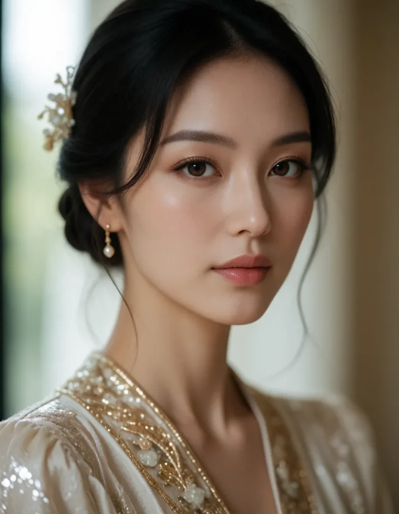 Portrait en gros plan d'une personne aux cheveux blonds lissés, portant une robe de soirée dorée à paillettes et un collier