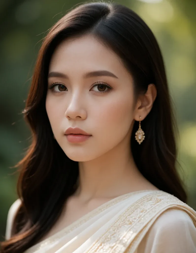 Portrait d'une jeune femme aux cheveux bruns lissés, vêtue d'une robe blanche en lin, dans une lumière douce et naturelle