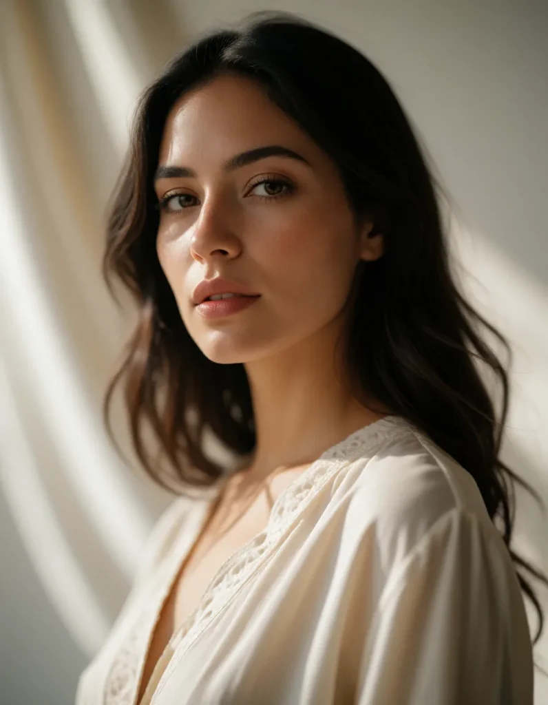 Portrait d'une femme aux cheveux bruns lâches vêtue d'une robe en lin blanc, éclairée par une lumière douce et des ombres