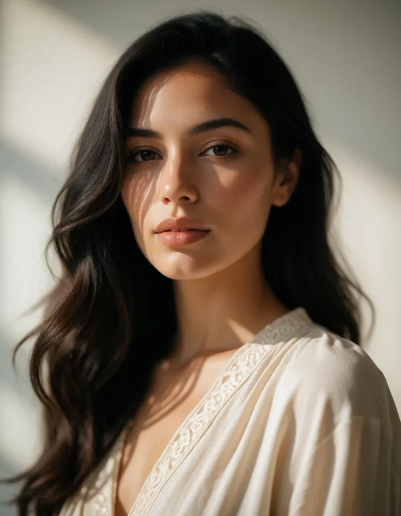 Portrait d'une femme aux cheveux noirs lissés, vêtue d'une robe en lin crème, éclairée par une lumière douce et contrastée