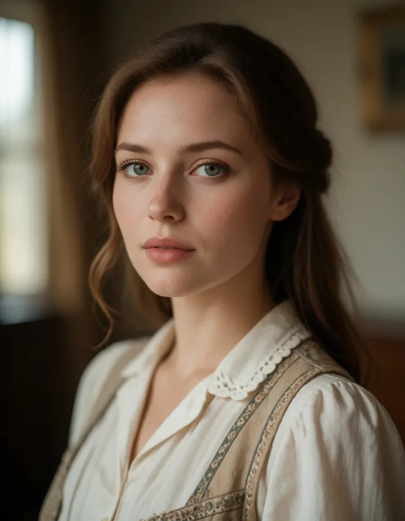 Portrait en gros plan d'une personne aux cheveux longs, vêtue d'une robe en lin crème à manches bouffantes, éclairée par une