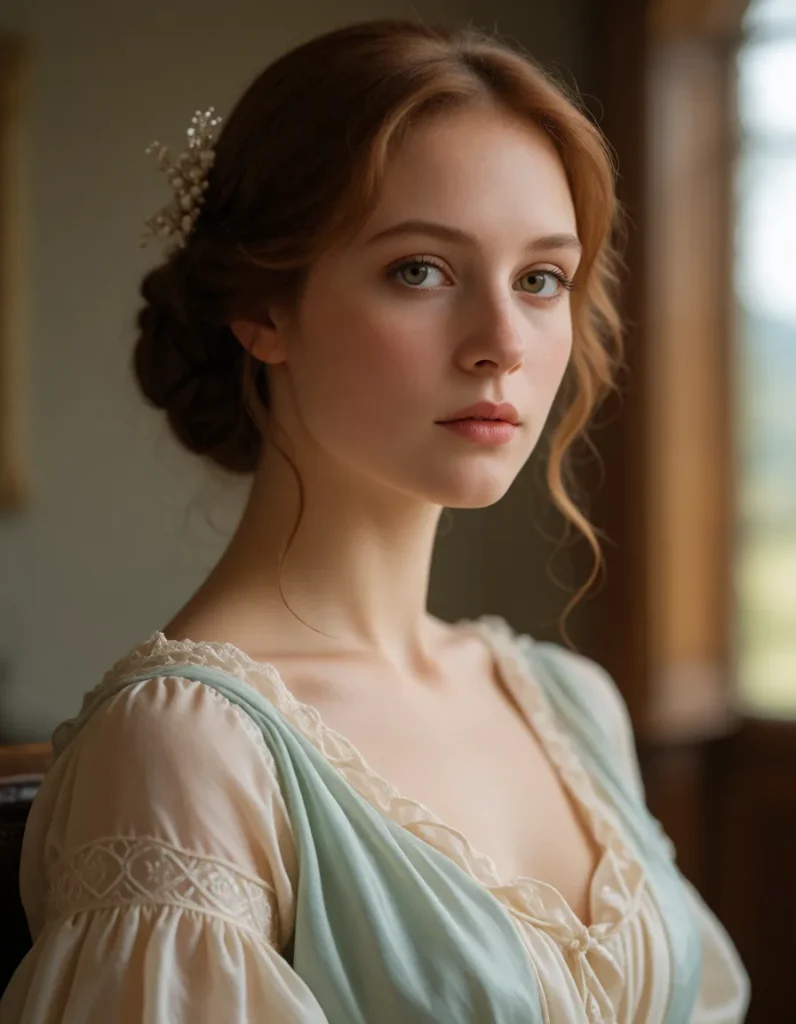 Portrait en gros plan d'une personne aux cheveux bouclés, vêtue d'une robe en mousseline vert pâle à manches longues, avec