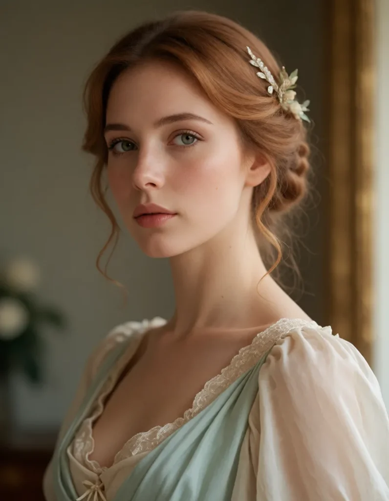 Portrait en gros plan d'une personne aux cheveux bruns bouclés, vêtue d'une robe en mousseline vert pâle aux broderies