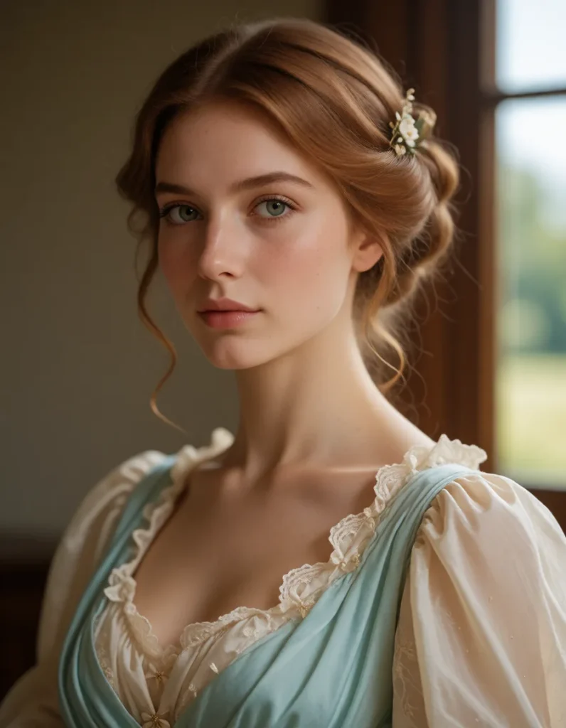 Portrait en lumière douce d'une personne aux cheveux bruns bouclés, vêtue d'une robe en mousseline vert pâle aux broderies