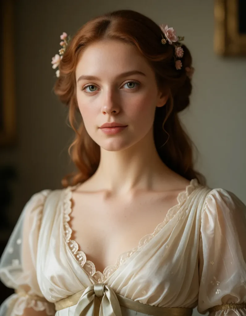 Portrait d'une personne aux cheveux bouclés relevés en chignon, robe en mousseline ivoire à broderies dorées, collier de