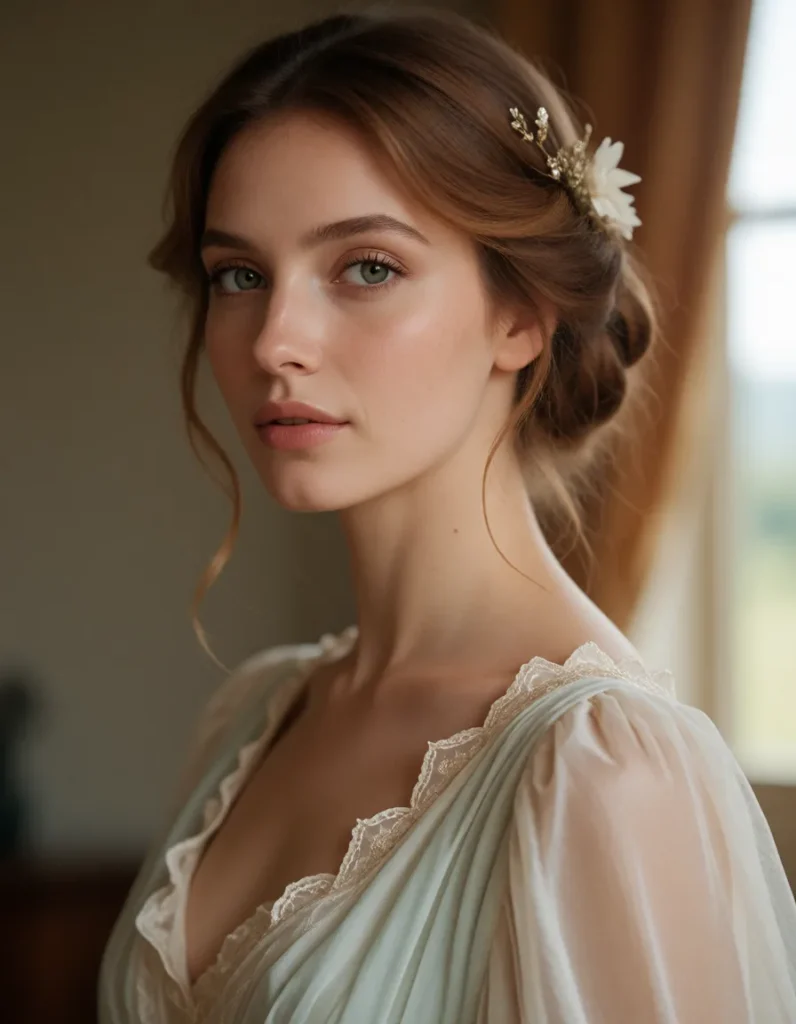 Portrait d'une personne aux cheveux bruns bouclés, vêtue d'une robe en mousseline ivoire, avec une fleur blanche dans les