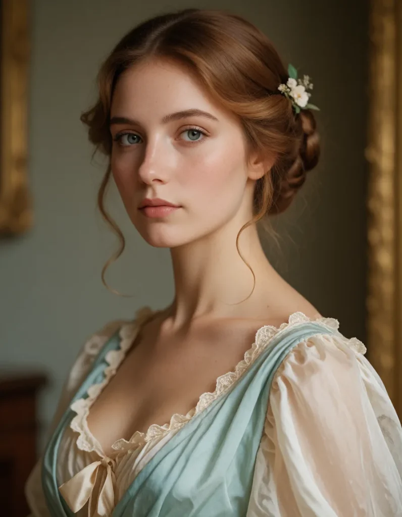 Portrait en gros plan d'une personne aux cheveux bruns ondulés, vêtue d'une robe en mousseline bleu pâle à manches