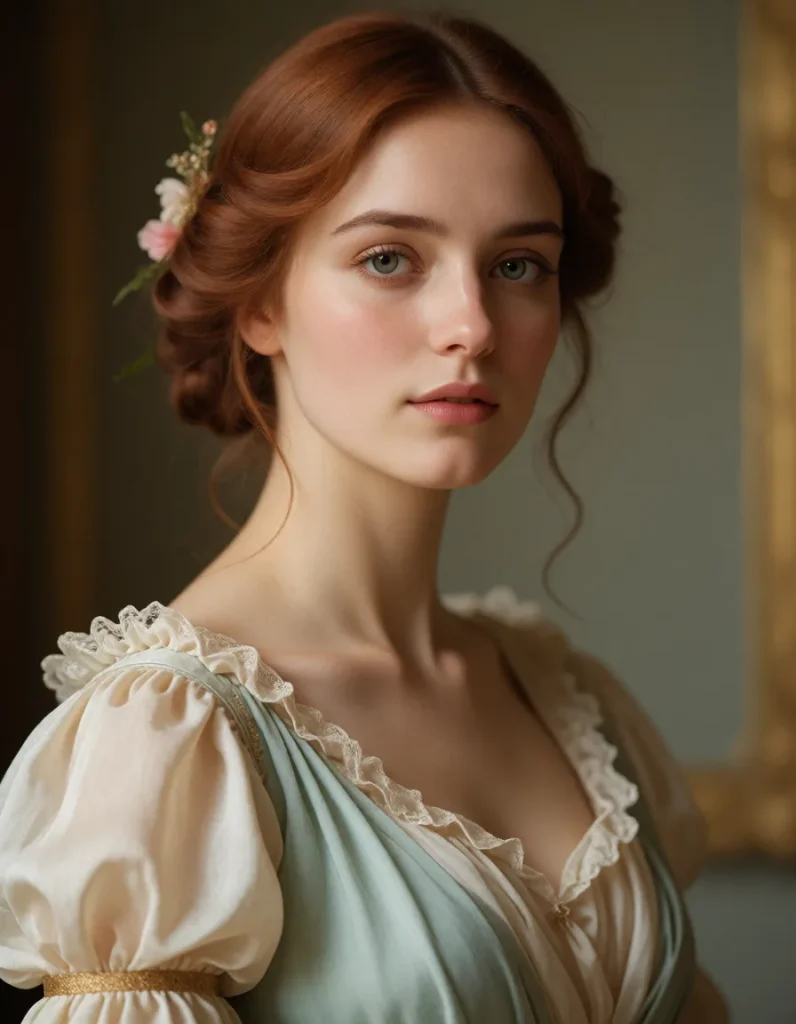 Portrait d'une femme aux cheveux bouclés relevés, vêtue d'une robe en mousseline ivoire à manches bouffantes et corsage