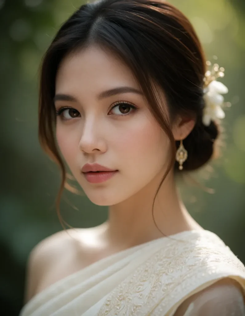 Portrait en gros plan d'une personne aux cheveux noirs lissés, vêtue d'une robe blanche en mousseline, dans un jardin