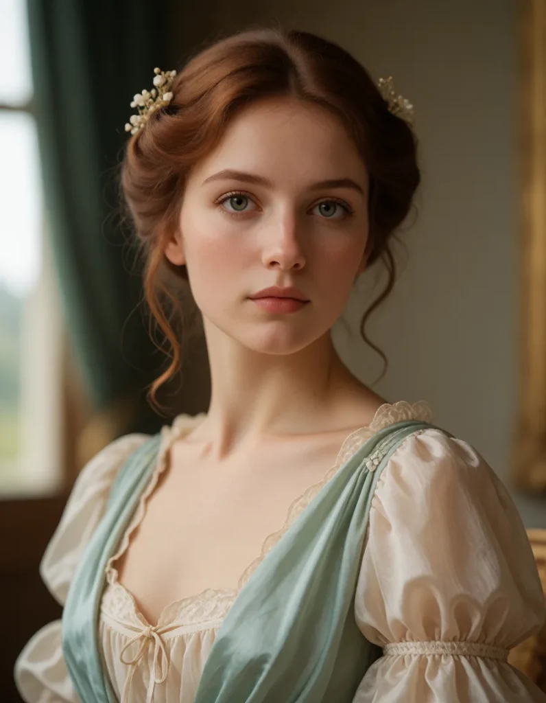 Portrait en gros plan d'une personne aux cheveux bouclés, coiffée d'une couronne de petites fleurs blanches, vêtue d'une