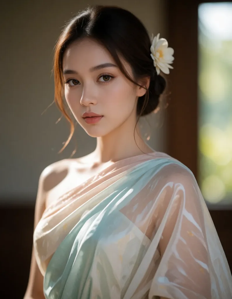 Portrait d'une femme aux cheveux longs et ondulés, vêtue d'une robe fluide aux tons pastel bleu et blanc, avec une fleur