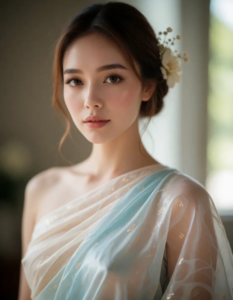 Portrait d'une jeune femme aux cheveux bruns et bouclés vêtue d'une robe en soie bleu pâle aux reflets nacrés, dans un