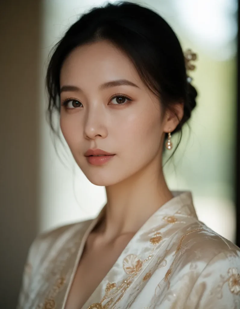 Portrait en gros plan d'une personne aux traits asiatiques, coiffure lissée, robe en soie ivoire brodée de motifs dorés