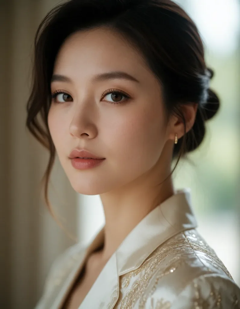 Portrait en gros plan d'un visage féminin aux traits délicats, cheveux noirs lissés, maquillage naturel, robe en soie ivoire