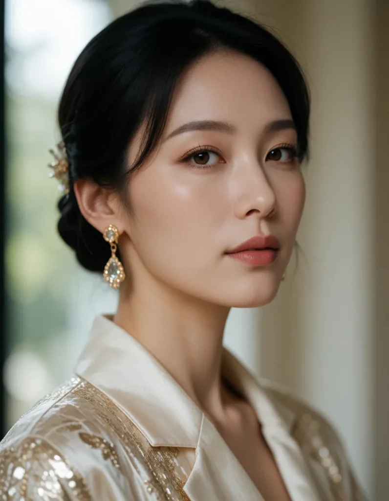 Portrait d'une personne aux cheveux noirs lissés, portant une robe de soie beige à motifs brochés dorés, bijoux en perles et