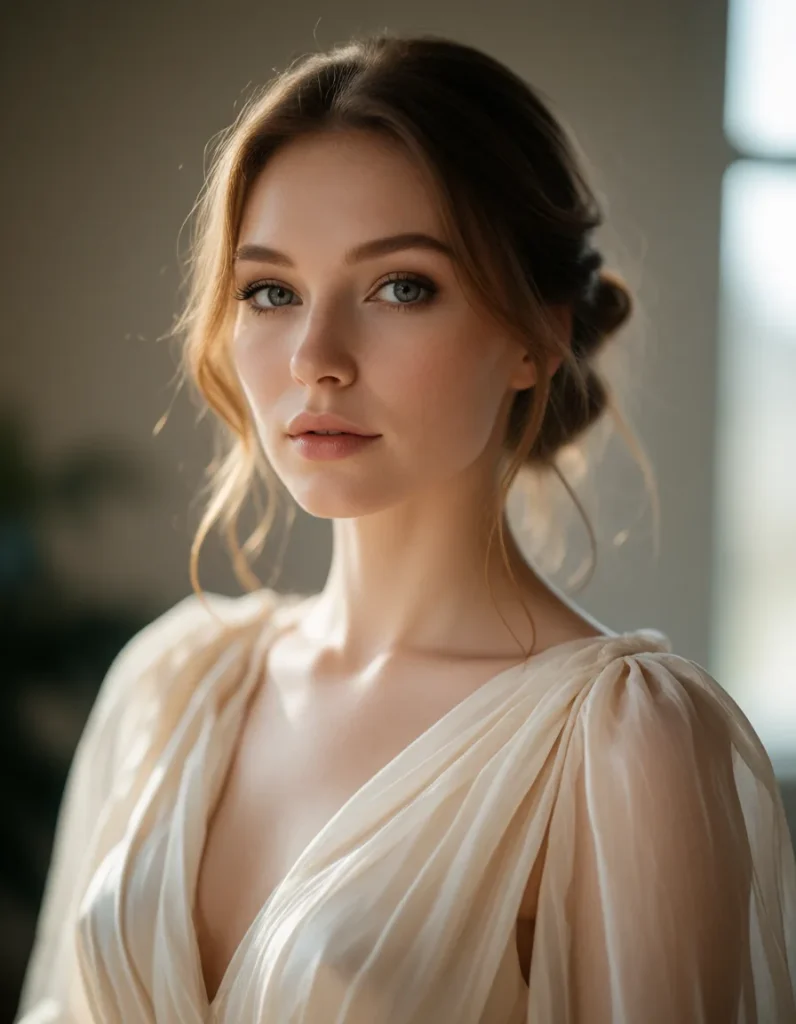 Portrait en lumière douce d'une femme aux cheveux blonds ondulés, vêtue d'une robe en soie ivoire aux plis fluides, dans un
