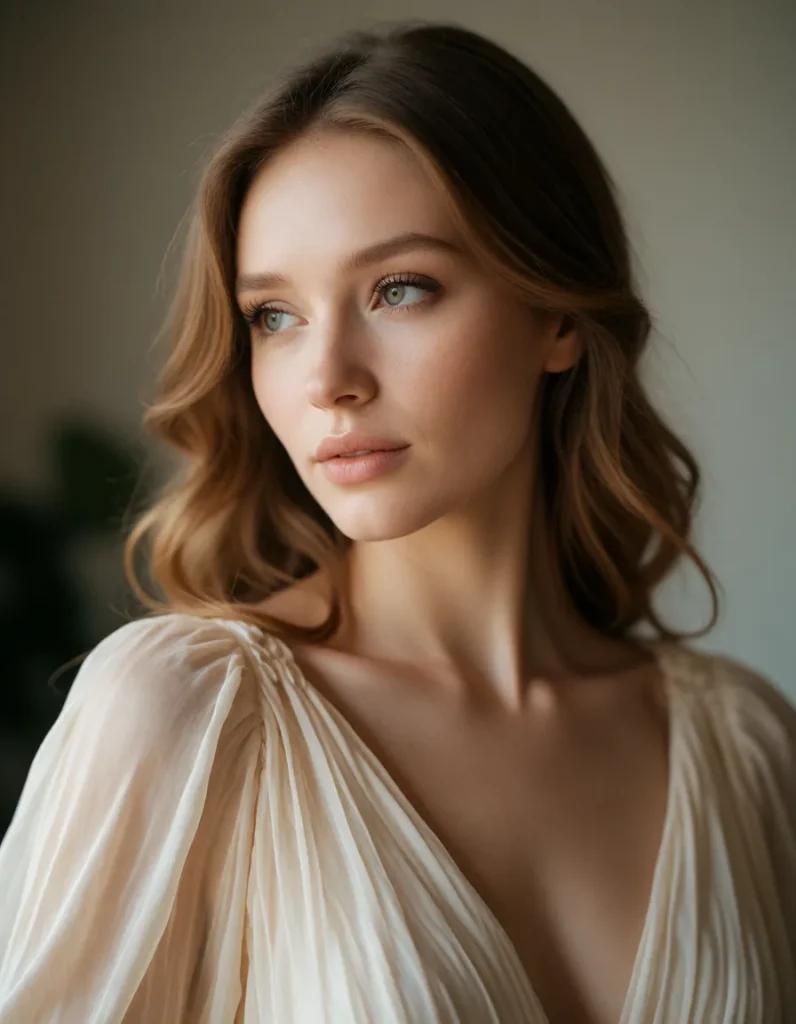 Portrait en gros plan d'une femme aux cheveux blonds ondulés, vêtue d'une robe en soie ivoire, lumière douce et floue en