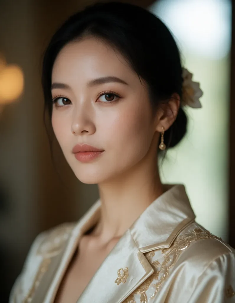 Portrait en gros plan d'une personne aux traits asiatiques, robe en soie ivoire à motifs dorés, collier et boucles