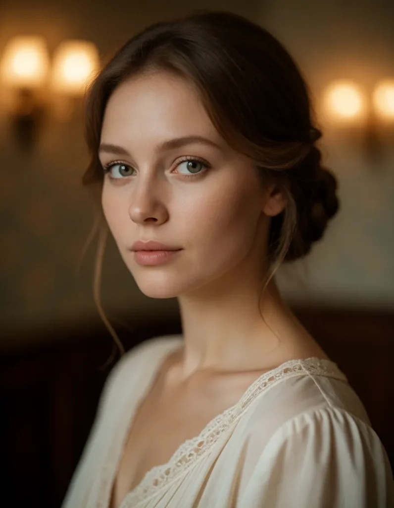 Portrait en gros plan d'une femme aux cheveux bruns lissés, vêtue d'une robe en soie ivoire à manches longues, dans un salon