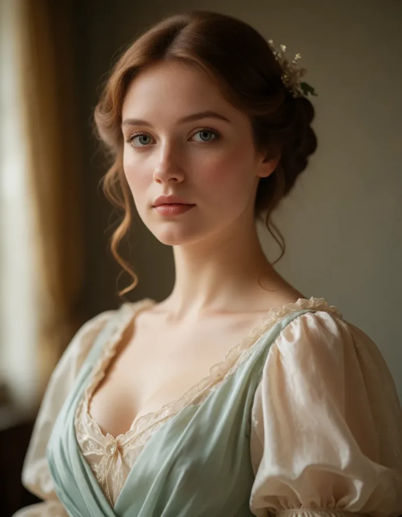 Portrait en gros plan d'une personne aux cheveux blonds bouclés, vêtue d'une robe en soie vert pâle aux reflets nacrés, avec