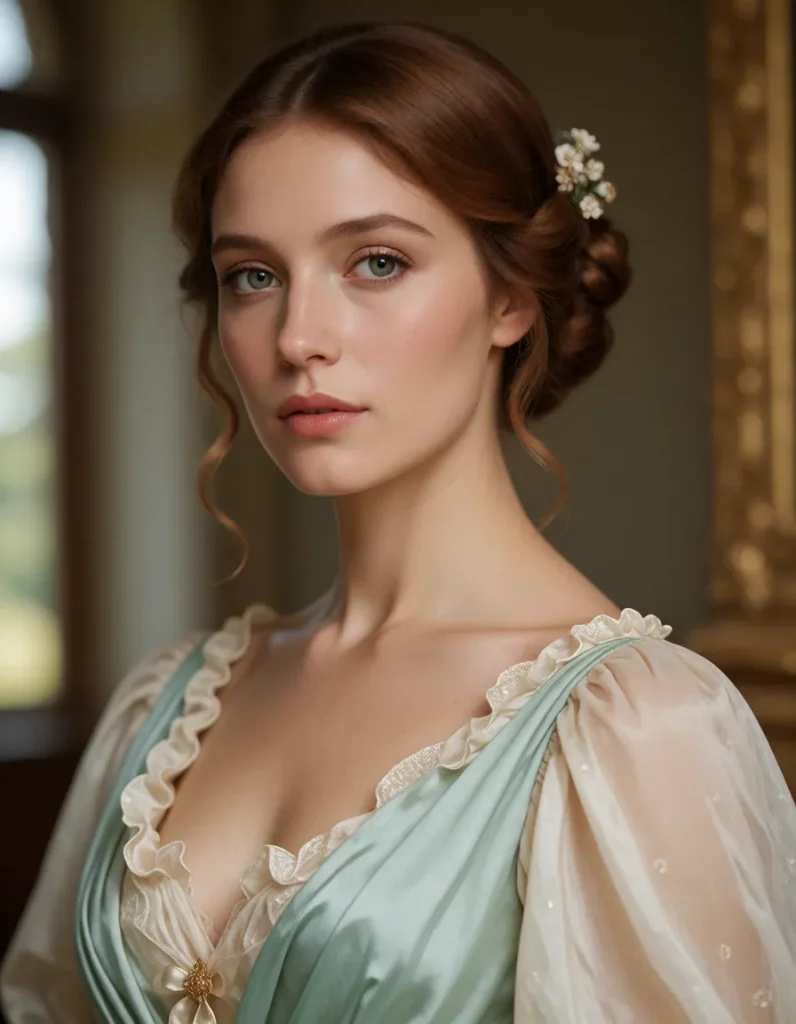 Portrait en gros plan d'un visage féminin aux cheveux bouclés coiffés en chignon, portant une robe de soirée en mousseline