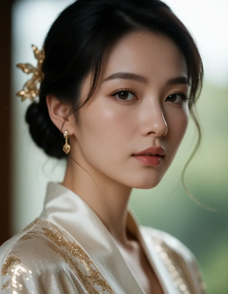 Portrait en gros plan d'une personne aux traits asiatiques, chevelure noire lissée, robe à motifs dorés et manches