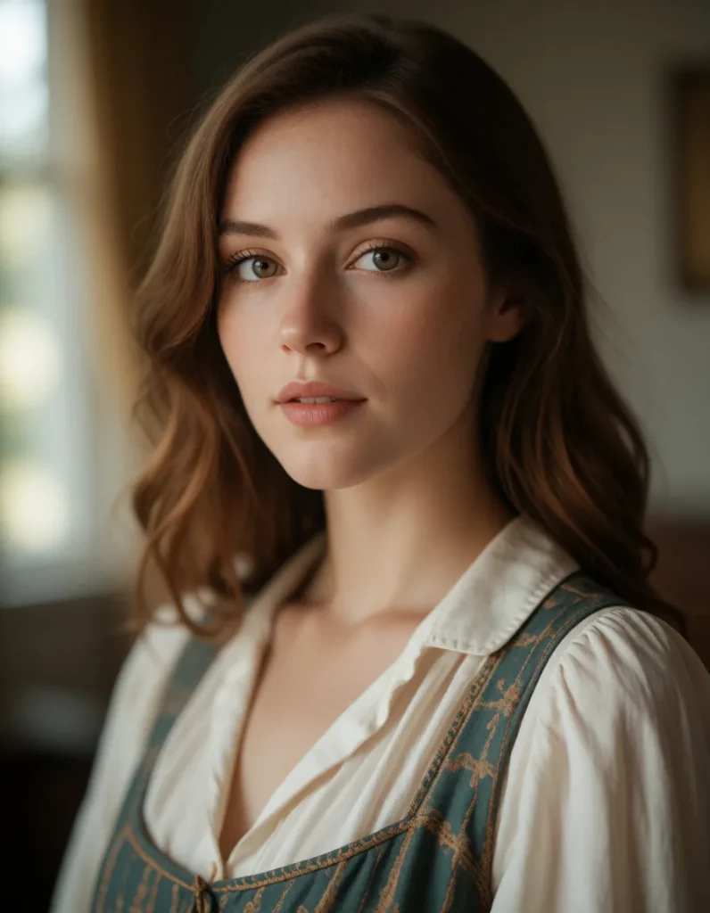 Portrait d'une femme aux cheveux blonds mi-longs, vêtue d'une robe à motifs géométriques bleu et blanc, éclairée par une