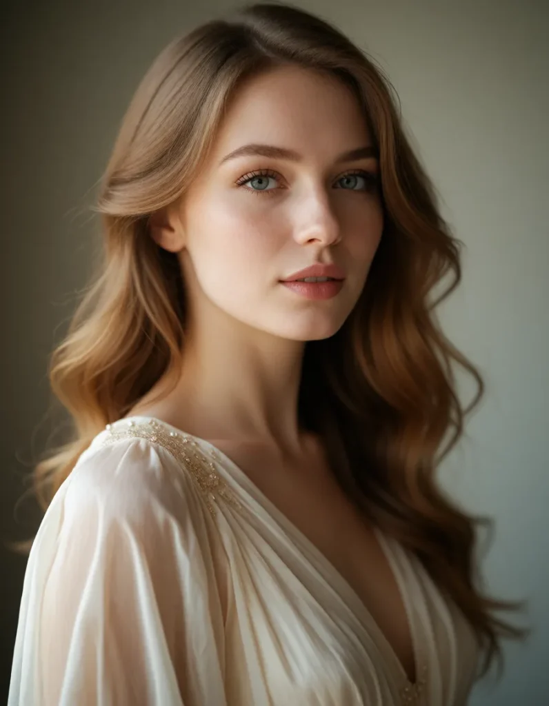 Portrait en lumière douce d'une femme aux cheveux blonds ondulés, vêtue d'une robe en soie blanche à motifs dorés, bijou
