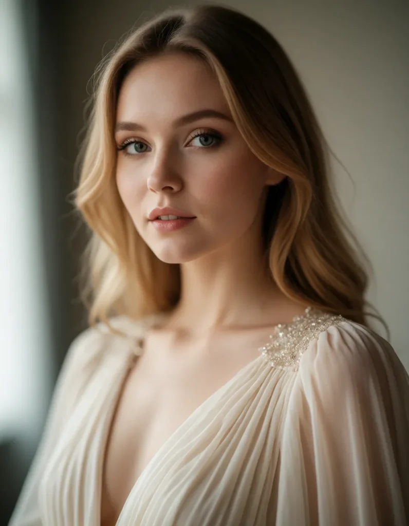 Portrait d'une femme aux cheveux blonds ondulés vêtue d'une robe en soie ivoire, lumière douce et fond flou mettant en