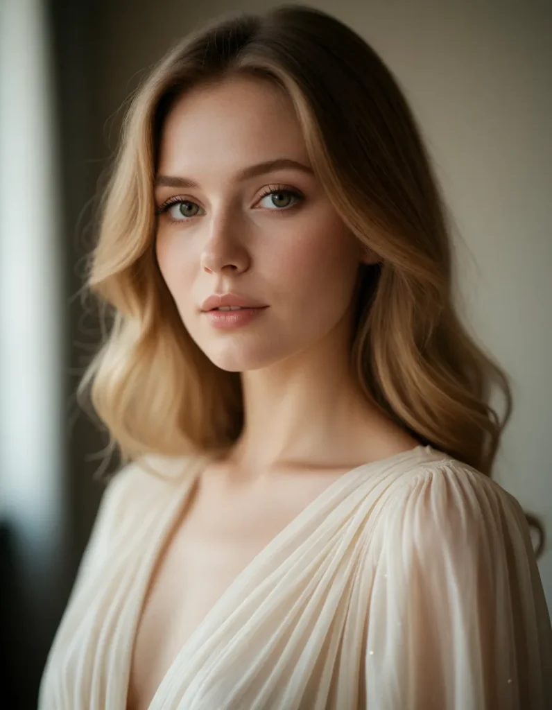 Portrait d'une jeune femme aux cheveux blonds ondulés, vêtue d'une robe en soie ivoire, dans une lumière douce et naturelle