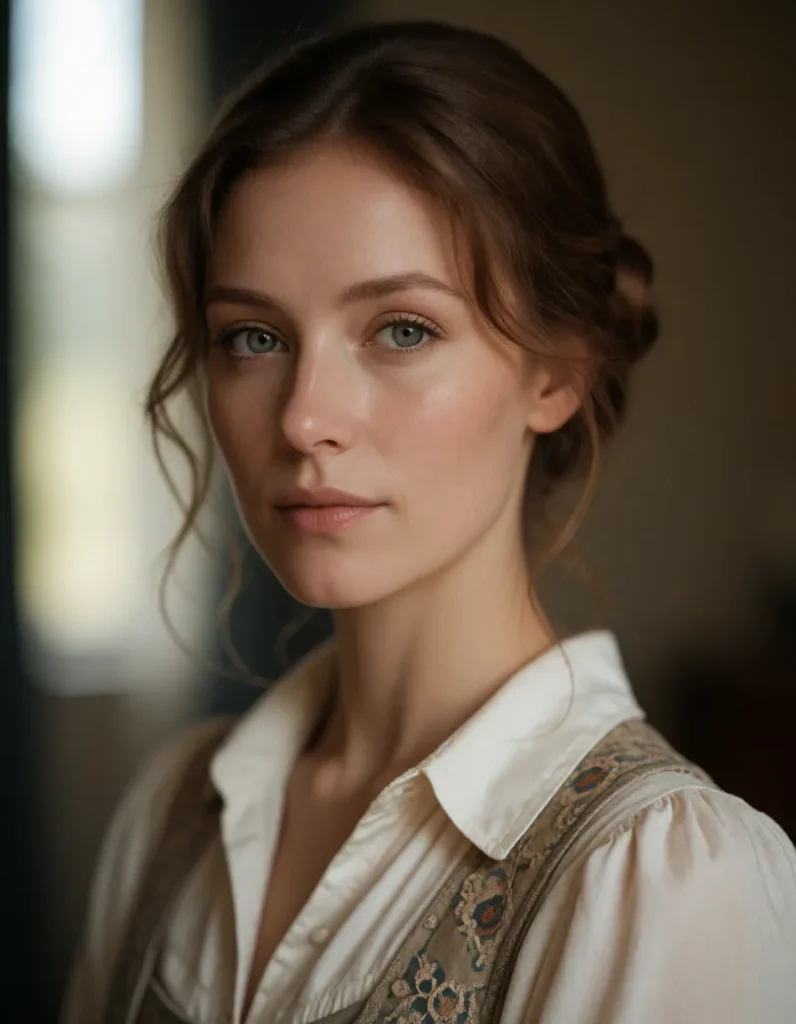 Portrait en gros plan d'une personne aux cheveux bruns bouclés, vêtue d'une veste en tweed beige et d'un chemisier blanc à
