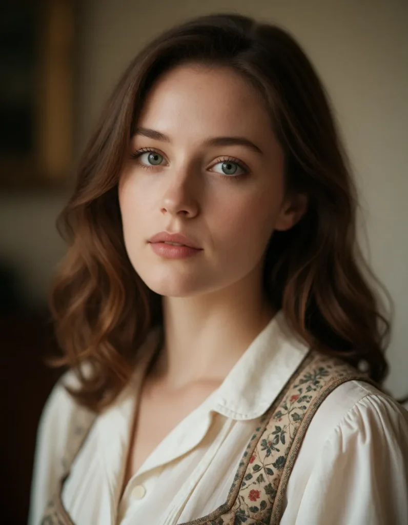 Portrait en gros plan d'un visage féminin aux cheveux bouclés, maquillage discret, portant un chemisier blanc à motifs