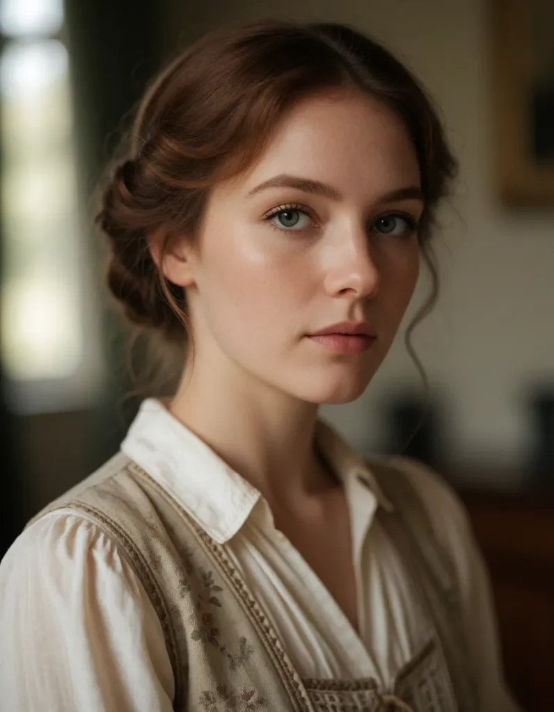 Portrait en gros plan d'un visage féminin aux cheveux blonds ondulés, vêtue d'une veste en tweed beige et blanc, lumière