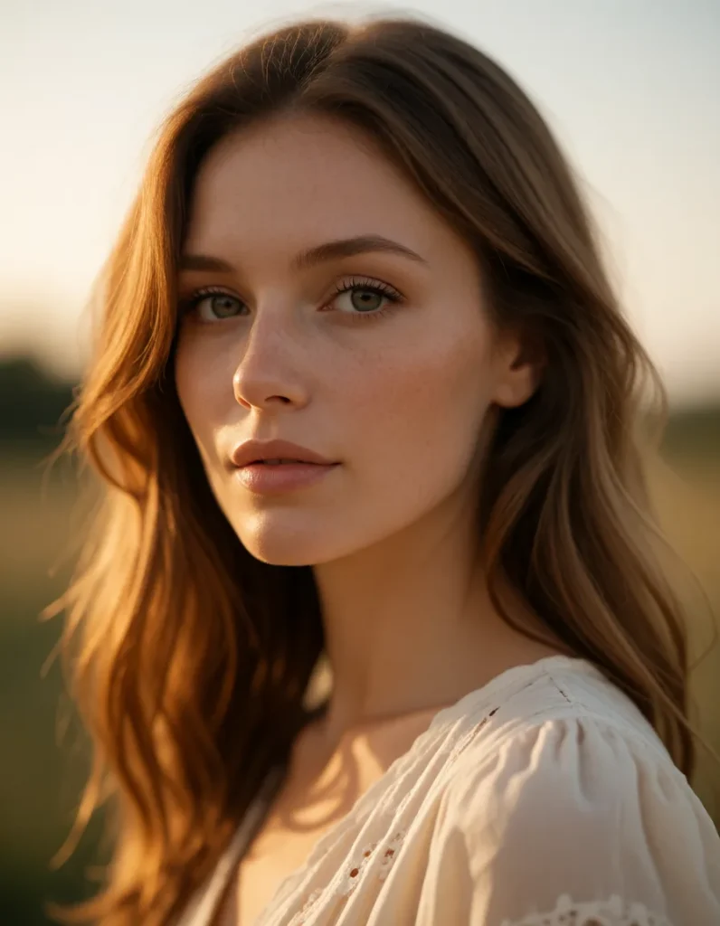 Jeune femme aux cheveux blonds ondulés vêtue d'une robe blanche transparente, lumière dorée et floue en arrière-plan
