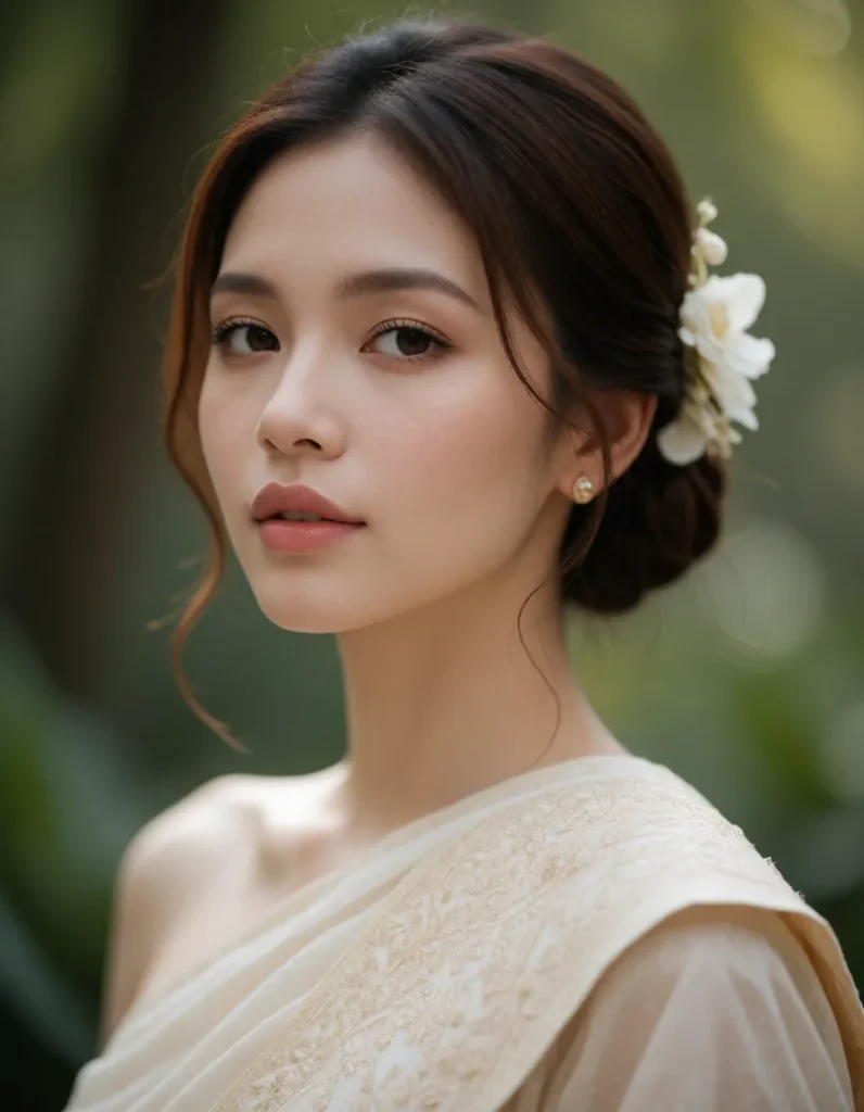 Jeune femme aux cheveux noirs lissés, vêtue d'une robe blanche fluide, tenant une fleur blanche, fond flou de feuillage vert