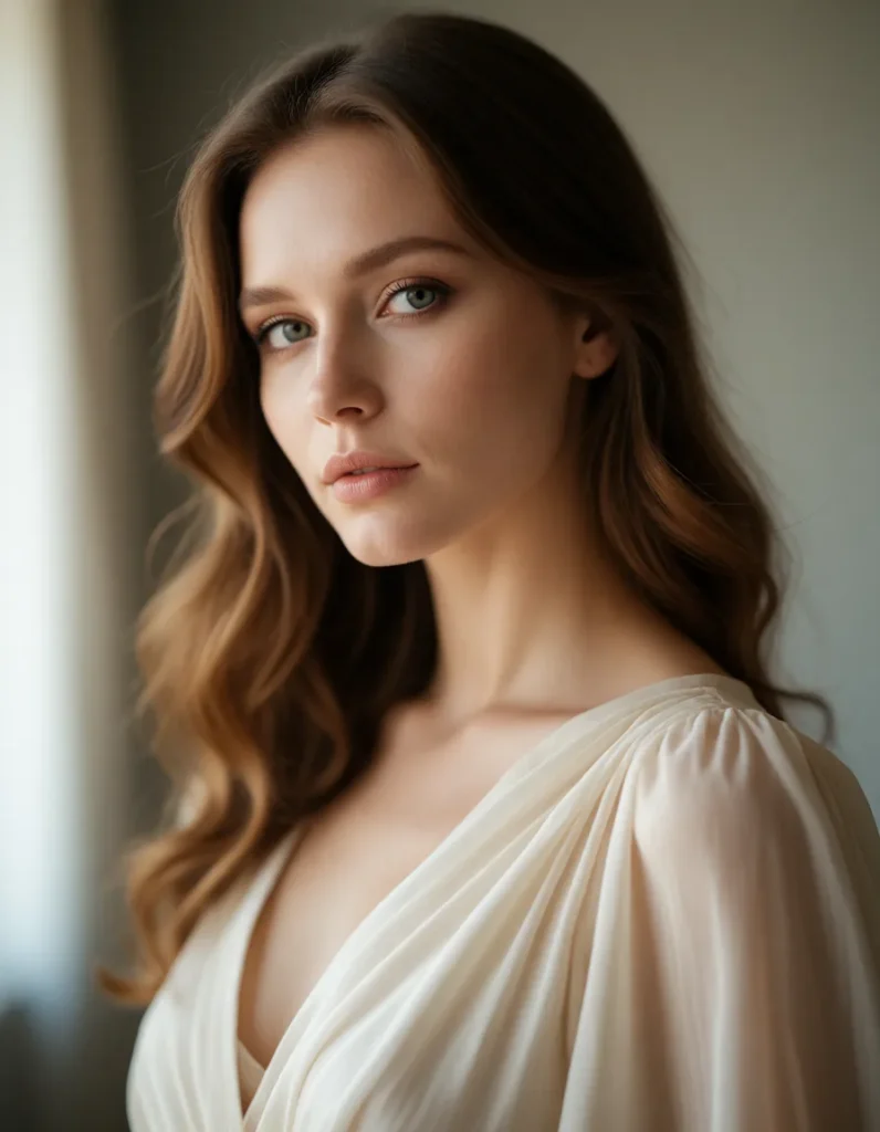 Jeune femme aux cheveux blonds ondulés vêtue d’une robe blanche fluide, assise dans un intérieur aux tons neutres éclairé