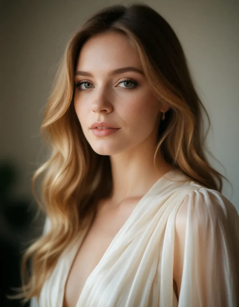 Portrait en gros plan d'une femme aux cheveux blonds ondulés, vêtue d'une robe blanche fluide aux plis soyeux, éclairée par